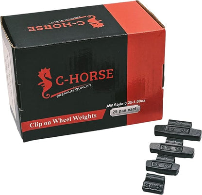 C-HORSE 100Pcs AW Series Clip on Wheel Weights Black Coated Assortment for Hammer Type Rim Balancers, 0.25oz, 0.50oz, 0.75oz, 1.0oz, 25pcs for Each Size Fit for Steel Wheel (AW Style, 0.25-1)