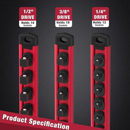 WORKPRO Magnetic Socket Organizer, 1/4-Inch Drive Aluminum Alloy Socket Rail, Heavy Duty Socket Holder, Socket Rack Kit 1/4-Inch x 12 Clips (Red)