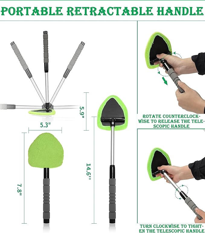 Windshield Window Cleaner Tool, Windshield Cleaner Car Windshield Cleaning Tool with Reusable Microfiber Pads Glass Wiper Kit with Extendable Handle Car Window Cleaner for Car Cleaning (1, Green)