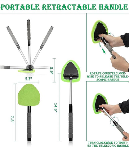 Windshield Window Cleaner Tool, Windshield Cleaner Car Windshield Cleaning Tool with Reusable Microfiber Pads Glass Wiper Kit with Extendable Handle Car Window Cleaner for Car Cleaning (1, Green)