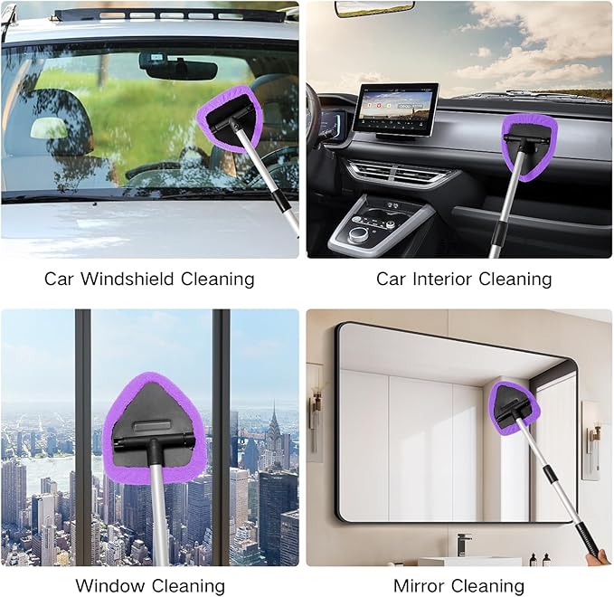 11pcs Windshield Cleaner Tool, Car Window Cleaning Wash Kit with 6 Reusable Microfiber Pads 2 Spray Bottles and Extendable Handles Auto Glass Wiper Kit, Purple