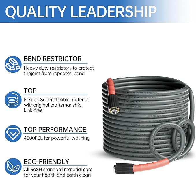 Pressure Washer Hose 50FT 1/4", Kink Resistant Power Washer Hose Compatible with M22 Fittings, Replacement For Most Brand Pressure Washers, 4000 PSI, Grey