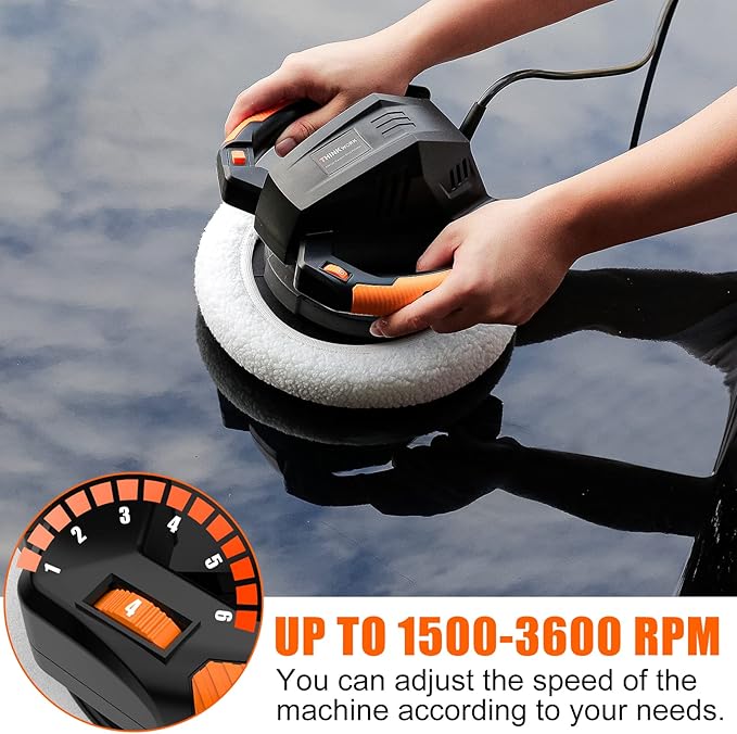 THINKWORK Buffer Polisher,10 Inch Car Polisher Sets with 4 Buffing and Polishing Bonnets,6 Variable Speed 1500-3600 RPM,Double Handle, Ideal for Car Waxing