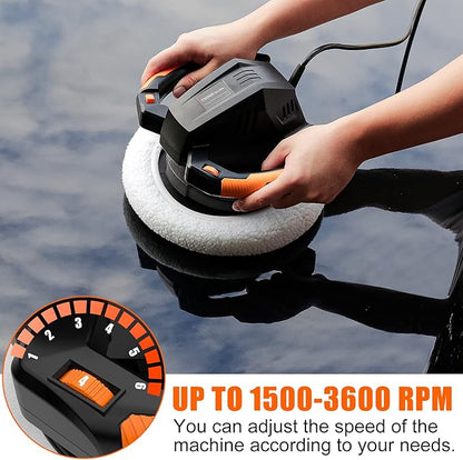 THINKWORK Buffer Polisher,10 Inch Car Polisher Sets with 4 Buffing and Polishing Bonnets,6 Variable Speed 1500-3600 RPM,Double Handle, Ideal for Car Waxing