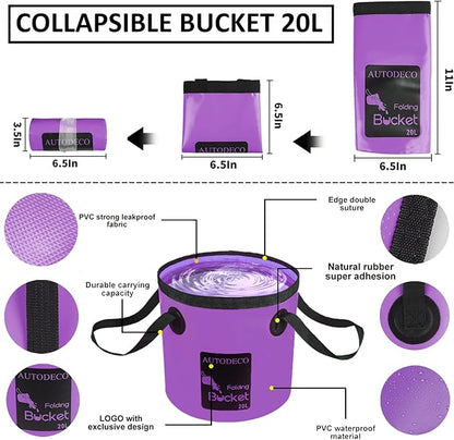 AUTODECO 22Pcs Car Wash Cleaning Tools Kit Car Detailing Set with Canvas Bag Purple Collapsible Bucket Wash Mitt Sponge Towels Tire Brush Window Scraper Duster Complete Interior Car Care Kit