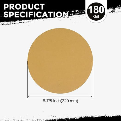 Kozelo 50 Pcs Sanding Discs 8-7/8 Inch 180 Grit Hook and Loop Random Orbital Sandpapers Suitable for Drywall Sander Wood Metal Furniture, Yellow