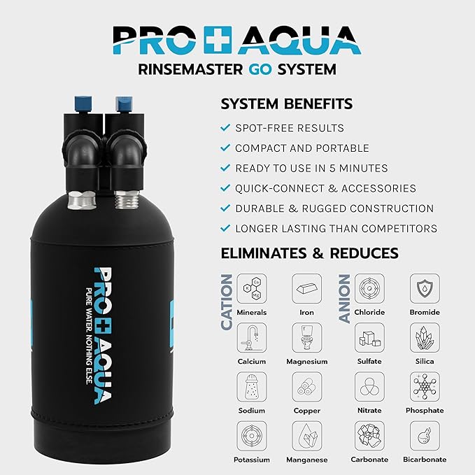 PRO+AQUA RinseMaster Go | Portable Spotless 1,100 Gallon Deionizer Spot-Free System for Car & RV Wash, Auto Detailing, High Capacity Spotless Rinse for All Vehicles, Trailers, Motorcycles, Boats