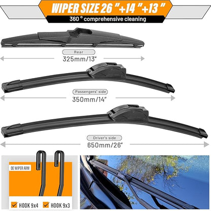 AUTOBOO 26"+14" Windshield Wipers Blades Replacement for Hyundai Santa Fe 2013-2018/2013-2019 Hyundai Santa Fe XL with 13" Rear Wiper Blades-Original Factory Quality (Pack of 3)