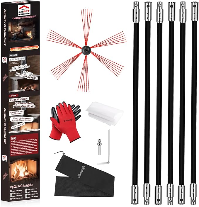 Cleancraft 20 Feet Chimney Sweep Kit, Chimney Cleaning Kit with 6 Flexible Black Chimney Rods, Chimney Brush, Rotary Chimney Cleaning System Driven by Drill