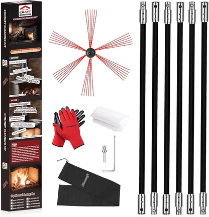 Cleancraft 20 Feet Chimney Sweep Kit, Chimney Cleaning Kit with 6 Flexible Black Chimney Rods, Chimney Brush, Rotary Chimney Cleaning System Driven by Drill