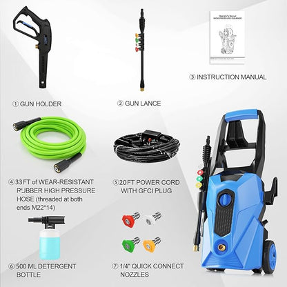 2025 New 5000PSI Pressure Cleaner, Power Cleaner with 33FT Resistant Extension Hose and 4 Nozzles, Compatible with Undercarriage Cleaners, Professional Powerwashers for Home/Car(Blue)