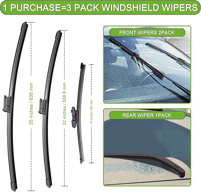 PARRATI® Windshield Wipers for VW Tiguan 2018-2022,25"+22" Front and 15" Rear,OEM Replacement Wiper Blades,Quiet & Streak-Free(Set of 3)