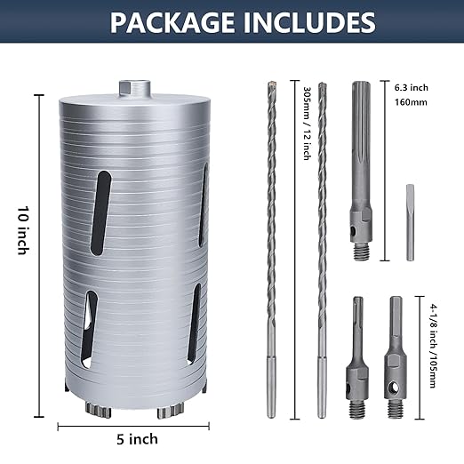5 inch Diamond Dry Core Drill Bit, 10" Drilling Depth, 5/8"-11 Thread Core Drill Bit for Concrete Masonry Brick Block, Includes 3 Adapters SDS Plus, SDS Max and Hex (5 inch)