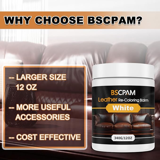 BSCPAM White Leather Recoloring Balm, 12oz Leather Color Restorer for Couches, Leather Repair Kit for Furniture, Leather Dye for Leather Fade, Leather Repair Restore car seat