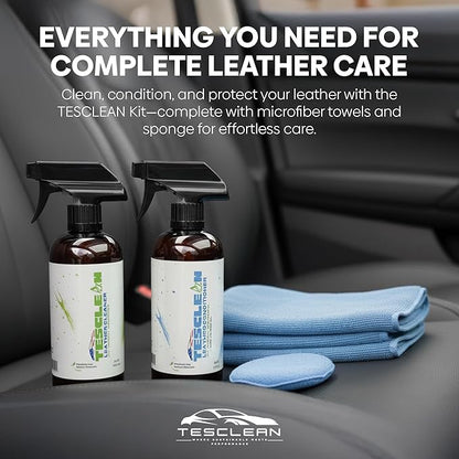 Tesclean Car Leather Cleaner & Conditioner, Made in the USA, Dash & Vinyl,Vegan Conditioner Electric Vehicle Interiors, With Microfiber Towel & Sponge, Interior Cleaner For Tesla