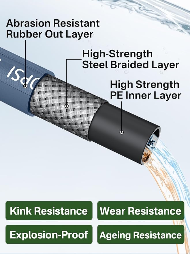 3/8" 4800PSI Pressure Washer Hose 200FT with Swivel Quick Connect for Cold/Hot Water Max 248°F, Kink Resistant Steel Wire Braided, Wear Resistant Power Washer Hose with M22 14mm Adapter