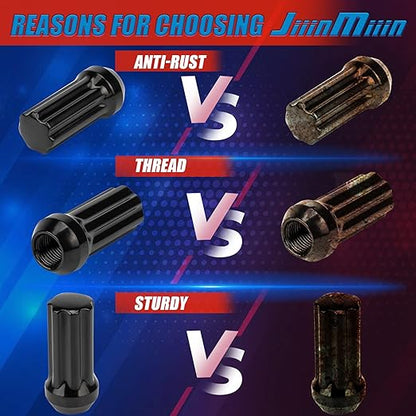 JiiinMiiin 24pcs M14x2.0 Lug Nuts Black with 7 Spline Tuner, 14x2 Locking Lugnut 2 inch Length with 1 Socket Key, 60 Degree Conical/Cone Bulge Seat Closed End.