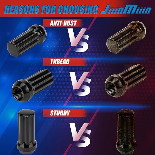 JiiinMiiin 32pcs M14x2.0 Lug Nuts Black with 7 Spline Tuner, 14x2 Locking Lugnut 2 inch Length with 1 Socket Key, 60 Degree Conical/Cone Bulge Seat Closed End