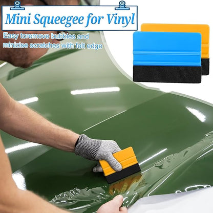 50 Pack Plastic Vinyl Squeegee, 4 Inch Felt Edge Squeegee for Tint Film Decal, Vinyl Wrap Installation Wallpaper Smooth Tool, Vinyls Scraper Decal Applicator Tool, Blue & Yellow