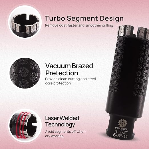Diamond Core Drill Bit - FOCSTOL 1-1/2''(38mm) Laser Welded Hole Saw for Dry or Wet Drilling Granite Marble Concrete Quartz 5/8''-11 Thread