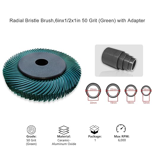 Radial Bristle Brush, 6 in x 1/2 in x 1 in, 50# Green, 1 Set (Contains Ten Single Pieces) and Reduction Sleeve
