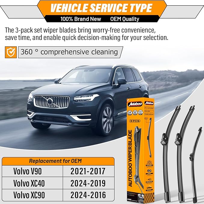 AUTOBOO 24"+20" Windshield Wipers with 15" Rear Wiper Blade Replacement for Volvo XC90 2016-2024 XC40 2019-2024 V90 2017-2021 -Original Factory Quality (Pack of 3)