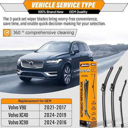 AUTOBOO 24"+20" Windshield Wipers with 15" Rear Wiper Blade Replacement for Volvo XC90 2016-2024 XC40 2019-2024 V90 2017-2021 -Original Factory Quality (Pack of 3)