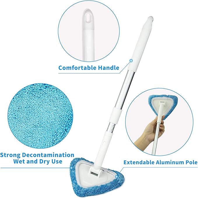 BITOPE Windshield Cleaning Tool, 26" Adjustable Handle, 3pcs Microfiber Pads, Ideal for Cleaning Inside Exterior SUVs, Trucks, RVs, Glass Mirror & More
