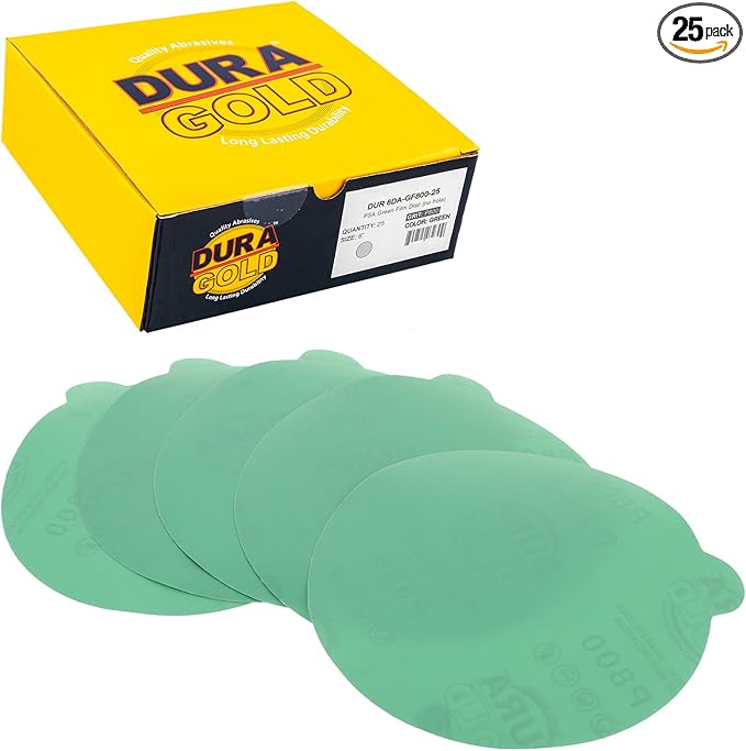 Dura-Gold Premium 6" Green Film PSA Sanding Discs - 800 Grit (Box of 25) - Self Adhesive Stickyback Sandpaper for DA Sander, Finishing Fine Cut Abrasive - Sand Automotive Car Paint, Woodworking Wood