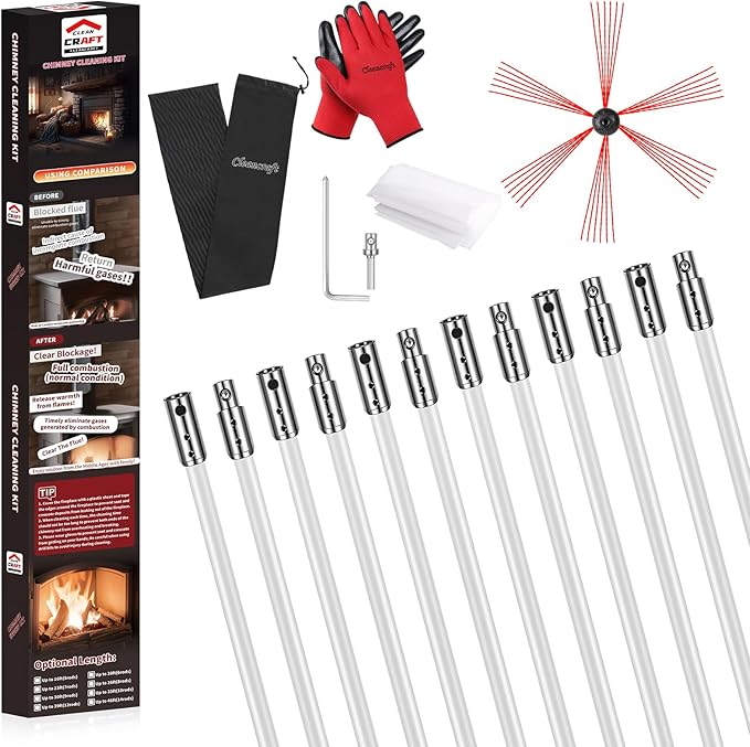 Cleancraft 39 Feet Chimney Sweep Kit, Chimney Cleaning Kit with 12 Flexible White Chimney Rods, Chimney Brush for Sweeping Fireplace, Rotary Chimney Cleaning System Driven by Drill