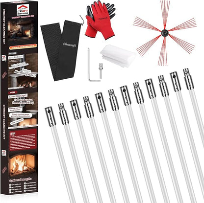 Cleancraft 39 Feet Chimney Sweep Kit, Chimney Cleaning Kit with 12 Flexible White Chimney Rods, Chimney Brush for Sweeping Fireplace, Rotary Chimney Cleaning System Driven by Drill
