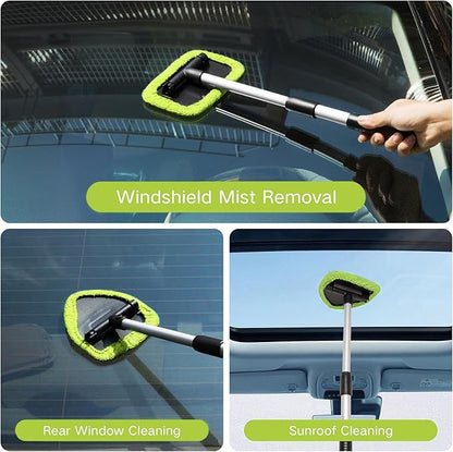Qydipclin 10pcs Windshield Cleaning Tool Inside Car Window Cleaner Wash Kit with 4 Reusable Microfiber Pads 1 Spray Bottle and Extendable Handle Interior Auto Glass Wiper Kit, Green