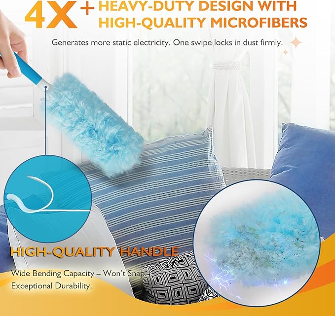 60PCS Fluffy 360° Heavy Duty Duster Refills fits Swiffer Duster, 4X Dust Capture Power, Unscented Disposable Electrostatic Dusters with 3ft Extended Handle for Furniture, Electronics, Blinds