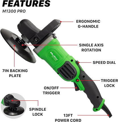 Maxshine 7" M1300 Pro Rotary Polisher - 1300W, 6-Speed, 5/8” Thread - Auto Detailing Tool for Paint Protection, Swirl & Scratch Repair, Buffing, Glossy Shine - Ideal for Cars, Trucks, SUVs