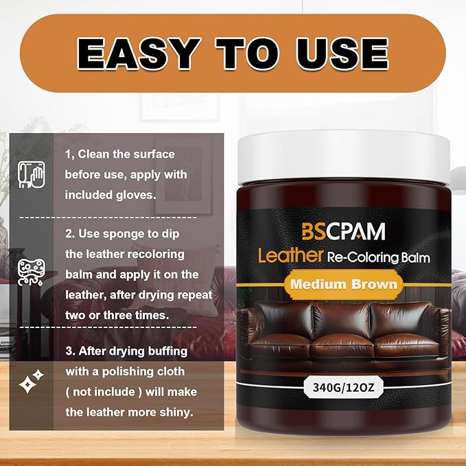 BSCPAM Medium Brown Leather Recoloring Balm, 12oz Leather Color Restorer for Couches, Leather Repair Kit for Furniture, Leather Dye for Leather Fade, Leather Repair Restore car seat