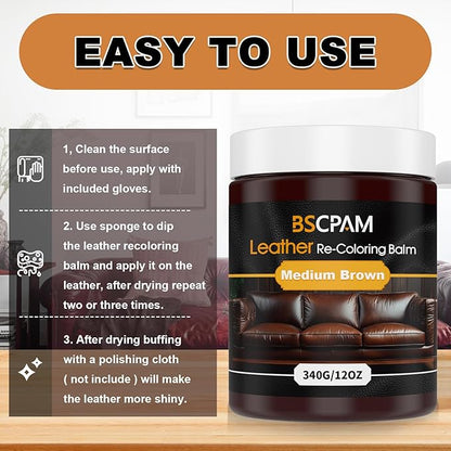 BSCPAM Medium Brown Leather Recoloring Balm, 12oz Leather Color Restorer for Couches, Leather Repair Kit for Furniture, Leather Dye for Leather Fade, Leather Repair Restore car seat