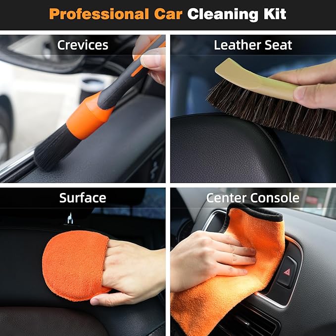 9PCS Car Detailing Brush Set, Bristle Horse Hair Boars Hair Brush with Elbow Adapter, Microfiber Wax Applicator Pads, Drying Towel and Cleaning Gel, Cleaning Kit for Car Interior and Exterior