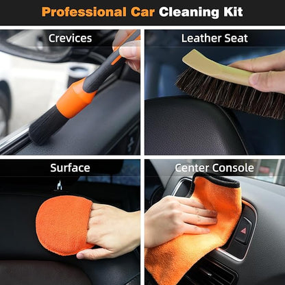 9PCS Car Detailing Brush Set, Bristle Horse Hair Boars Hair Brush with Elbow Adapter, Microfiber Wax Applicator Pads, Drying Towel and Cleaning Gel, Cleaning Kit for Car Interior and Exterior