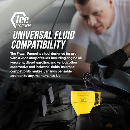 TEC Products FlexAll Long Flexible Funnel for Automotive Use - Durable Nitrile Rubber - Ideal for Car Oil Change, Transmission Funnel Fluid, Diesel, Fuel, Gas - Made in USA - Yellow (12 x 4 Inches)