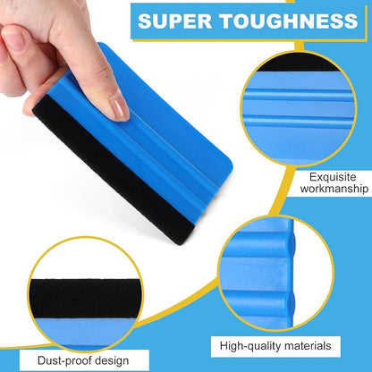Lasnten 50 Pcs Plastic Vinyl Squeegee 4 Inch Felt Edge Squeegee for Car Window Windshield Glass Cleaning Tool Vinyl Scraper Decal Applicator Tool with Black Fabric Felt Edge, Blue Yellow