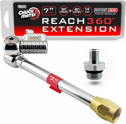 SKÖG Chuck Mates Reach360 Articulating 7-inch Extension for Tire Inflators | 1/4" F-NPT & Schrader Adapter | Dually Trucks RV Bicycle Car Semi
