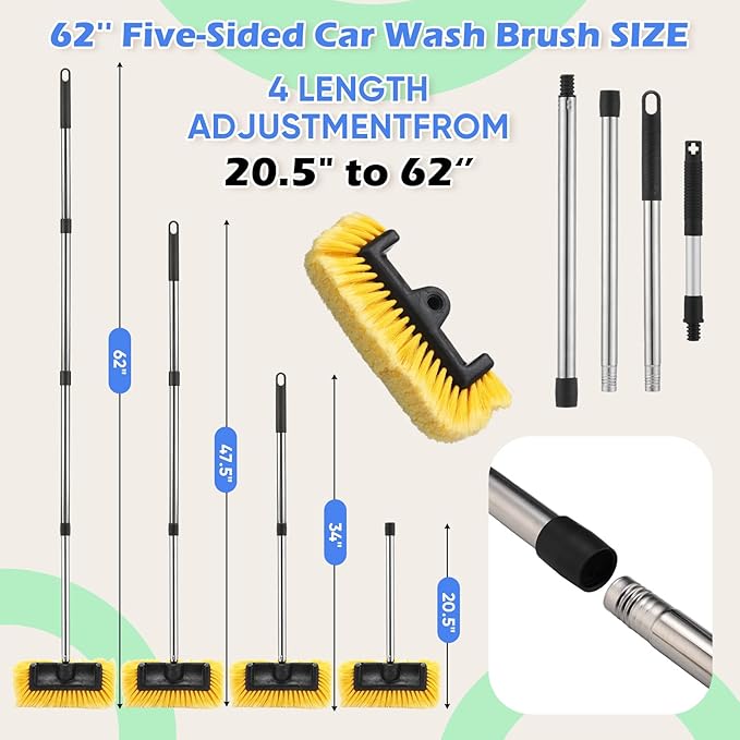 LemonRoad 65'' Five-Sided Car Wash Brush with Long Extendable Handle, Scratch-Free Soft Bristles Car Cleaning Wash Mop Kit, Universal for Truck RV SUV Boats Floors