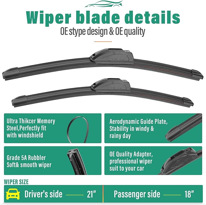 21" 18" 11" Windshield Wiper Blades Replacement for Pontiac Vibe 2003 2004 2005 2006 2007 2008 Premium All Weather Front Rear Wipers Set - OEM Quality (Pack of 3)