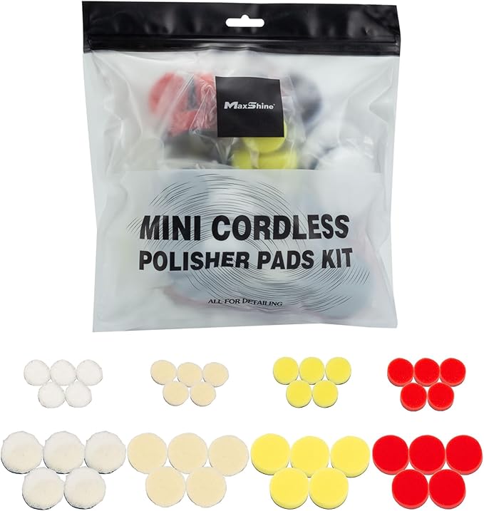 MaxShine Mini Cordless Polisher Pads Kit – Complete 1.5" & 2" Foam, Wool & Microfiber Pads Set – Cutting, Polishing & Finishing Pads for Mini Polishers – Professional Paint Correction Kit