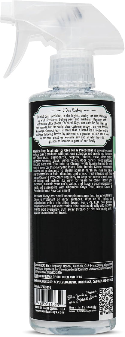 Chemical Guys Total Interior Cleaner & Protectant - New Car Scent, Car Cleaning Spray, Cleans and Protects Leather, Vinyl, Plastic, Rubber, and Glass, Safe for Trucks, SUVs, Jeeps, RVs & More - 16 oz