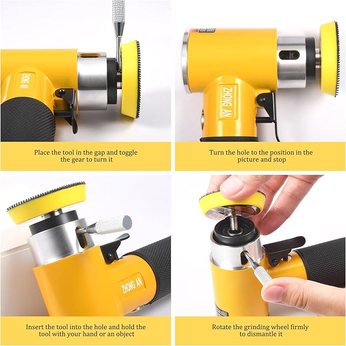 ZHONG AN 1/2/3 in Mini Orbital Sander Pneumatic da sander Polisher Smooth and Swirl Freely for Auto Body Work Wood working with 18Pcs 1/2/3in Polishing Sponge & Wool Pads, 30Pcs Sandpapers(Yellow)