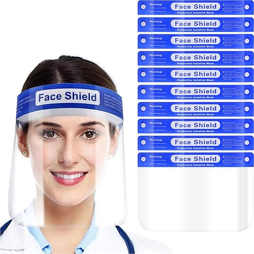 EYEGLASSTOR 10 Pcs Face Shield, Anti-Fog Clear Full Face Shield Mask - Adjustable Headband & 12.52 Inch Extended Coverage, Reusable PET Plastic PPE Splash Proof Face Protection