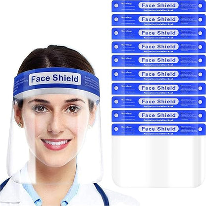 EYEGLASSTOR 10 Pcs Face Shield, Anti-Fog Clear Full Face Shield Mask - Adjustable Headband & 12.52 Inch Extended Coverage, Reusable PET Plastic PPE Splash Proof Face Protection