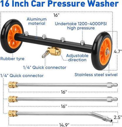 2-in-1 16' Undercarriage Pressure Washer Water Broom, 4000PSI Under Car Pressure Washer Attachment with 3 Pieces Extension Wand & Hub Brusher, Surface Cleaner (without Bottle& Replaceable Nozzle)