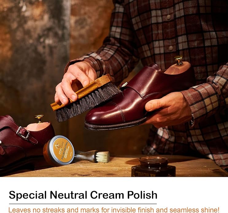 Aina Care Premium I Shoe Care Kit Cream Neutral - Shoe Polish for Leather, Suede & Nubuck Shoes - Shoe Shine Kit (1 Dauber Brush, 1 Horsehair Brush, 1 Microfiber Cloth), 1.69 oz, Transparent